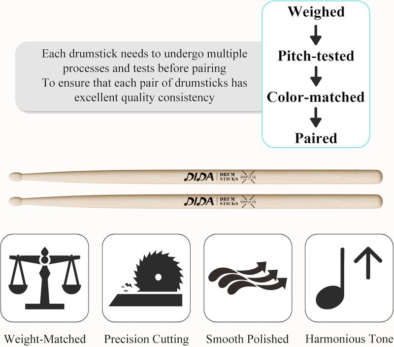 DIDA Drum Sticks, Drumsticks for Drum, Maple Wood Drumsticks, Wood Tip Drum Stick for Drums, Drum Stick for Musical Instrument Percussion, Drumstick for Beginners (4 Pair, 5A) - Image 4